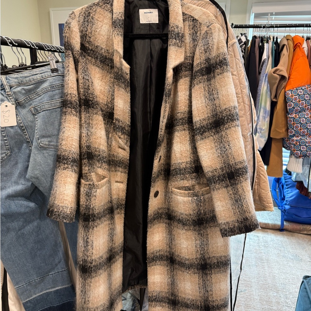 Old Navy Black and Tan Plaid Trench Coat
